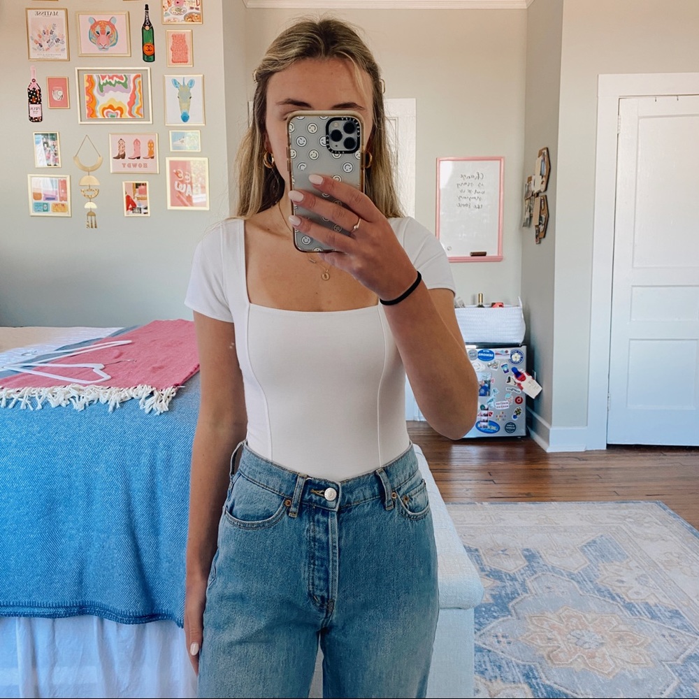 White Urban Outfitters “Out from Under Susan Square Neck Bodysuit”